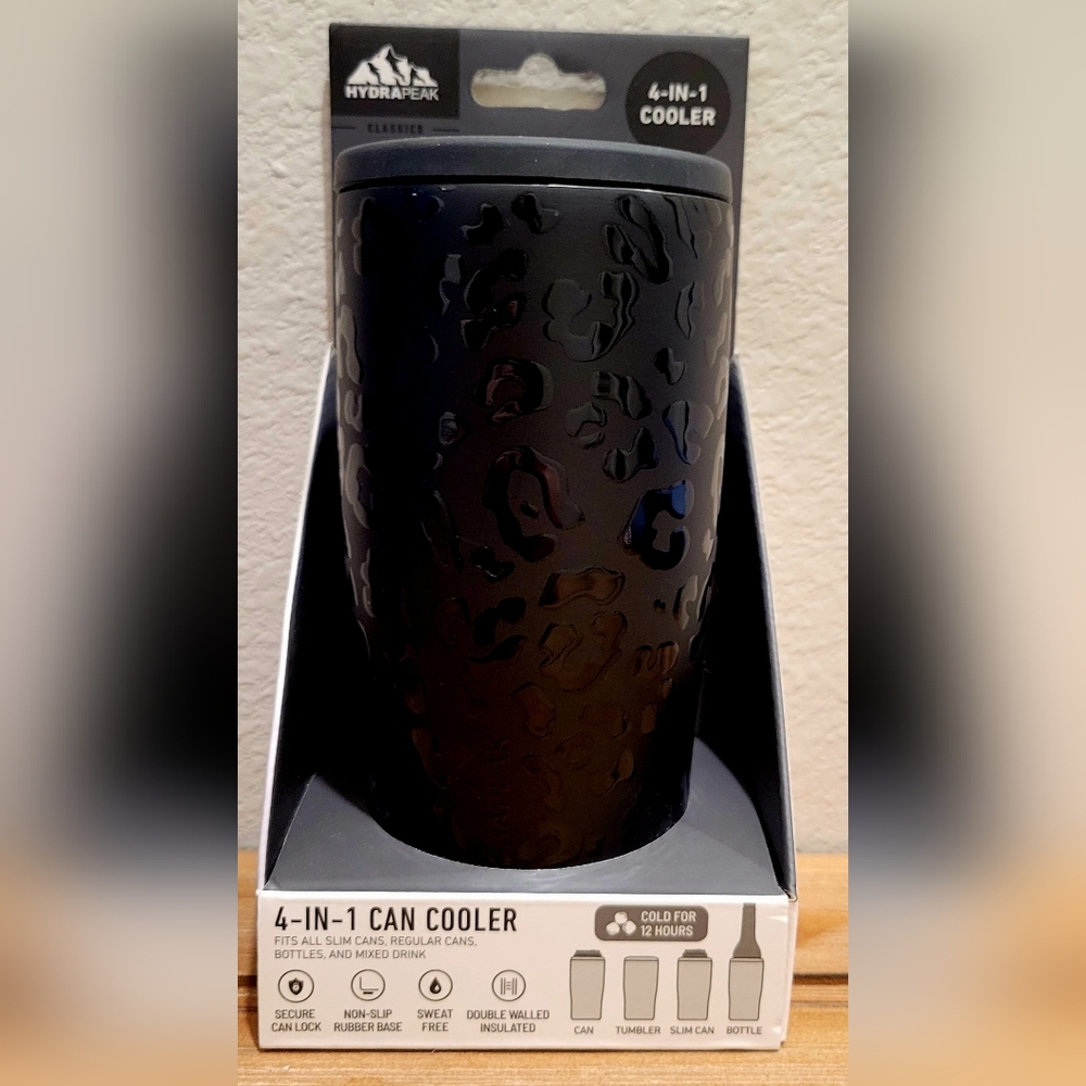 *NEW* HYDRAPEAK 4-in-1 INSULATED BOTTLE/CAN COOLER BLACK LEOPARD PRINT CUTE